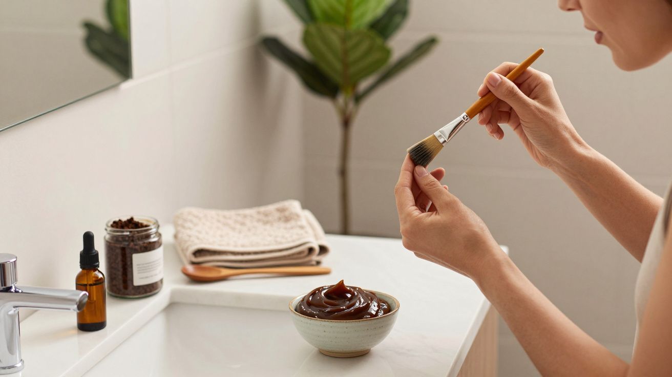 Osoba trzyma pędzel do nakładania maseczki w łazience, obok miska z brązowym kremem i kosmetyki.