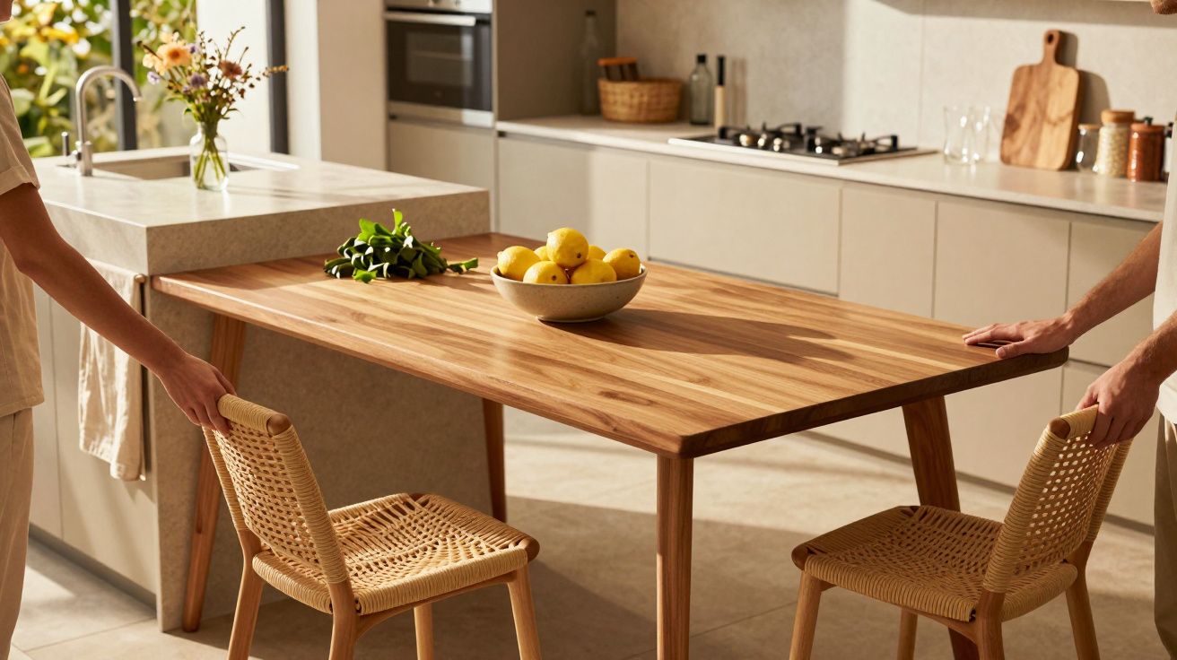 Dwie osoby przesuwają drewniany stół w nowoczesnej kuchni z misą cytryn na blacie i kwiatami w wazonie obok.