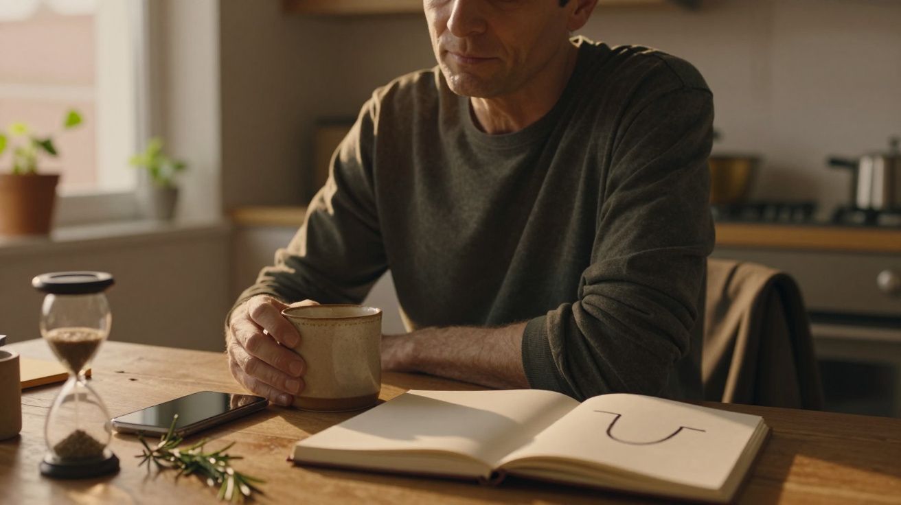 Mężczyzna przy stole trzyma kubek, obok otwarty notes z rysunkiem, telefon, klepsydra i gałązka.