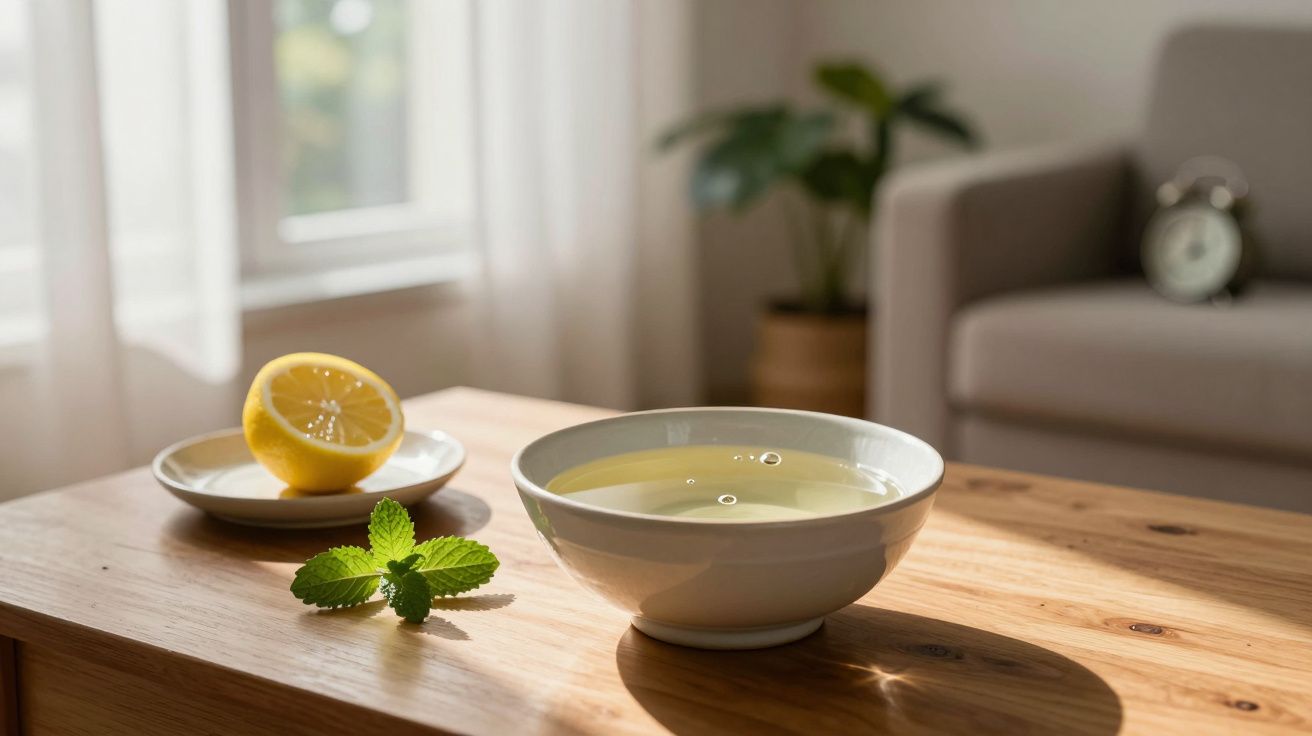 Miska z herbatą, połówka cytryny i gałązka mięty na stole w jasnym salonie.