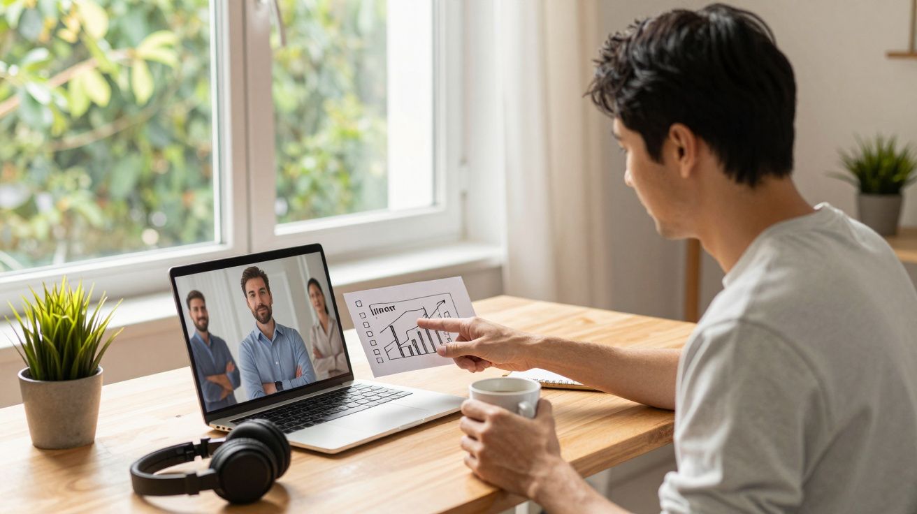 Mężczyzna przy biurku uczestniczy w wideorozmowie, pokazując wykres, obok laptopa stoją słuchawki, na oknie roślina.