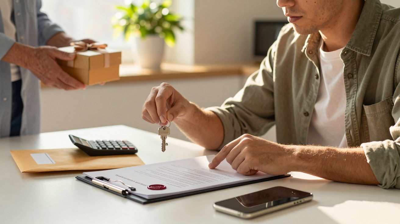Mężczyzna podpisuje dokumenty, trzymając klucze; drugi mężczyzna trzyma pudełko prezentowe na stole z kalkulatorem.