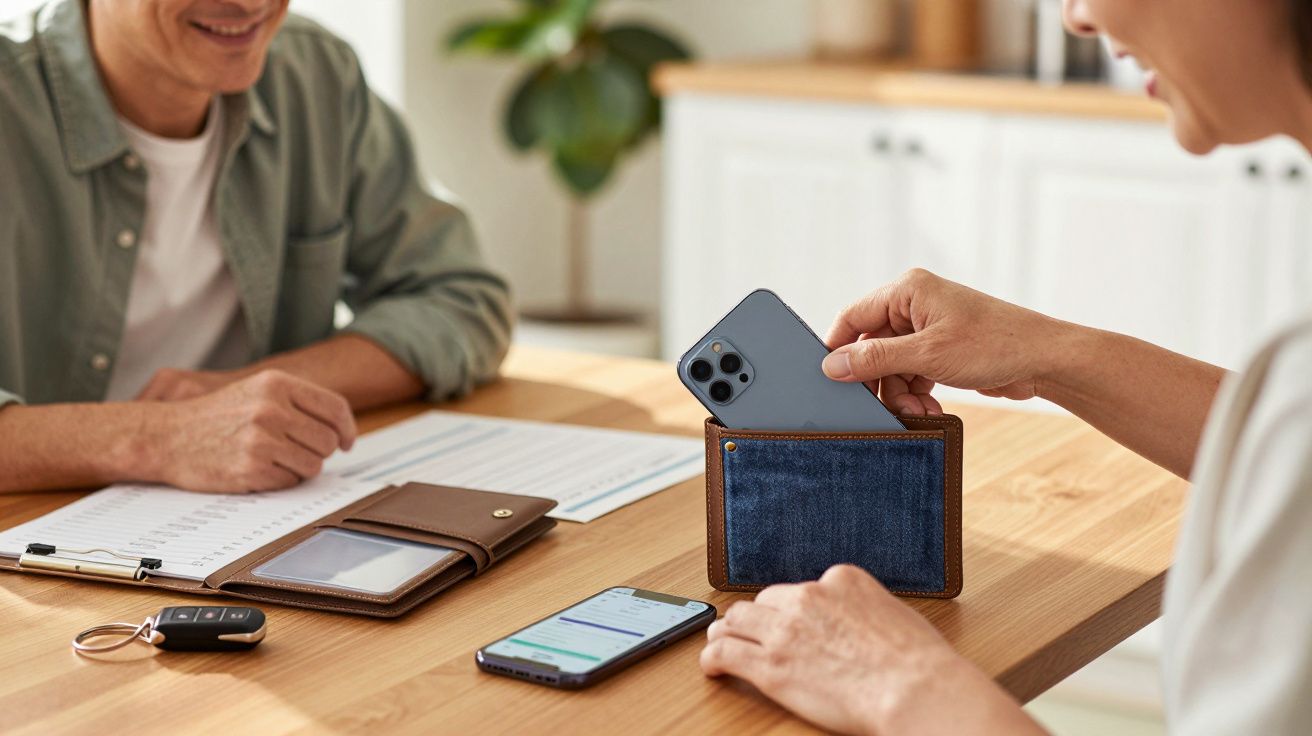 Osoba wkłada telefon do stojaka na stole, obok inna osoba i dokumenty.
