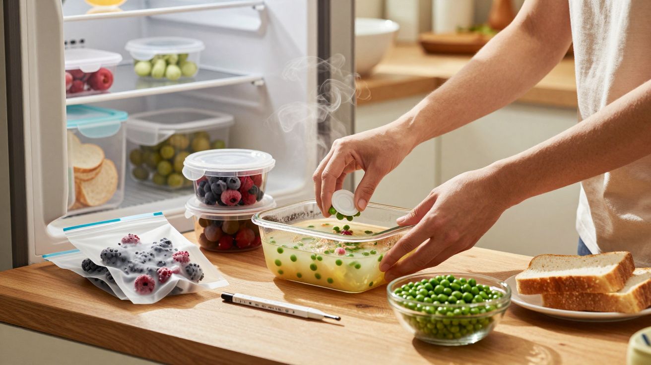 Osoba przygotowuje posiłek w kuchni; warzywa i owoce na blacie, otwarta lodówka z pojemnikami w tle.
