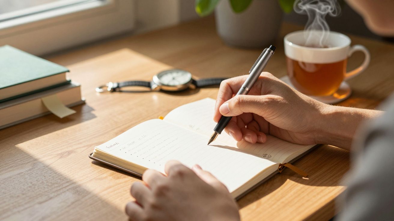 Osoba pisze w notesie przy biurku z filiżanką herbaty i zegarkiem w tle.