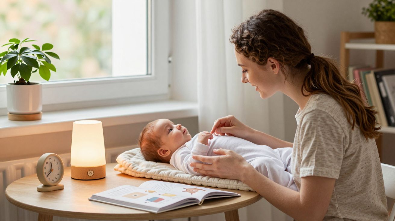 Kobieta opiekuje się niemowlęciem na przewijaku. Obok lampa, zegar i książka. Jasny pokój z rośliną na parapecie.