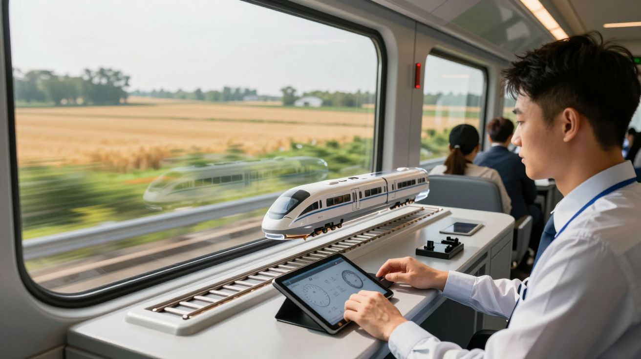 Mężczyzna sterujący tabletem modelem pociągu na torze w pociągu pasażerskim, widok na pola za oknem.