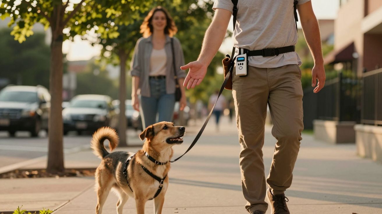 Mężczyzna prowadzi psa na smyczy chodnikiem, w tle kobieta idzie w jego kierunku.