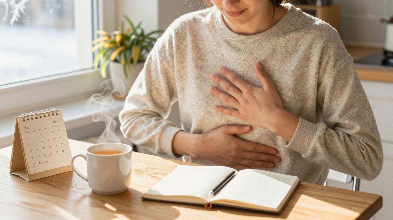 Osoba siedząca przy stole z kubkiem kawy, notatnikiem i kalendarzem, trzymająca się za brzuch i klatkę piersiową.