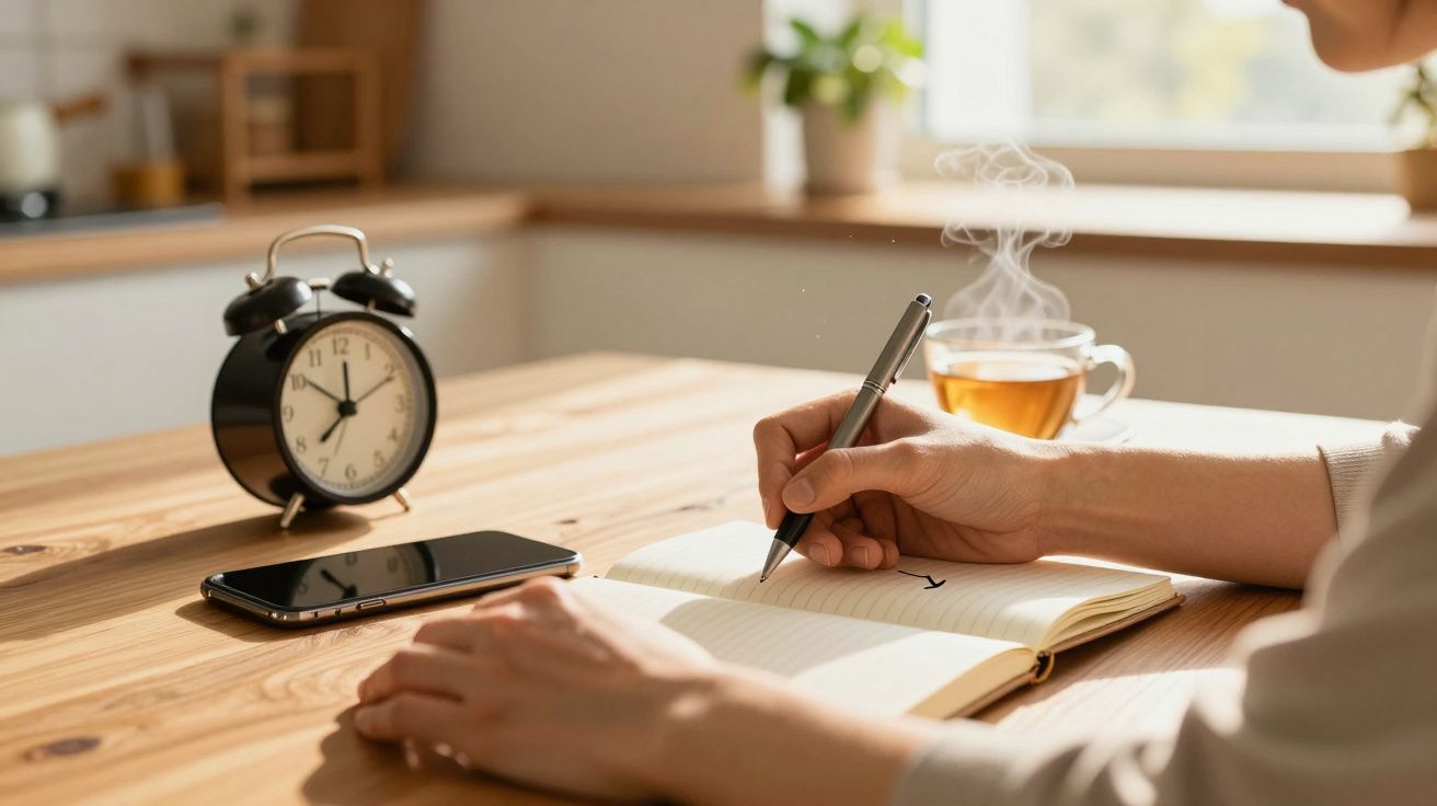 Osoba pisząca w notesie przy stole, obok budzik, filiżanka herbaty i smartfon.