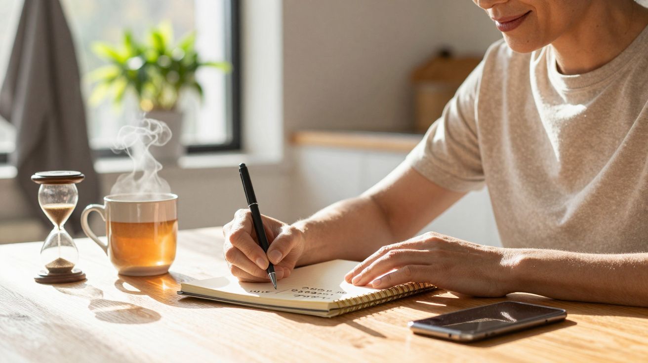 Osoba pisze w notatniku, obok filiżanka herbaty, klepsydra i smartfon na drewnianym stole.