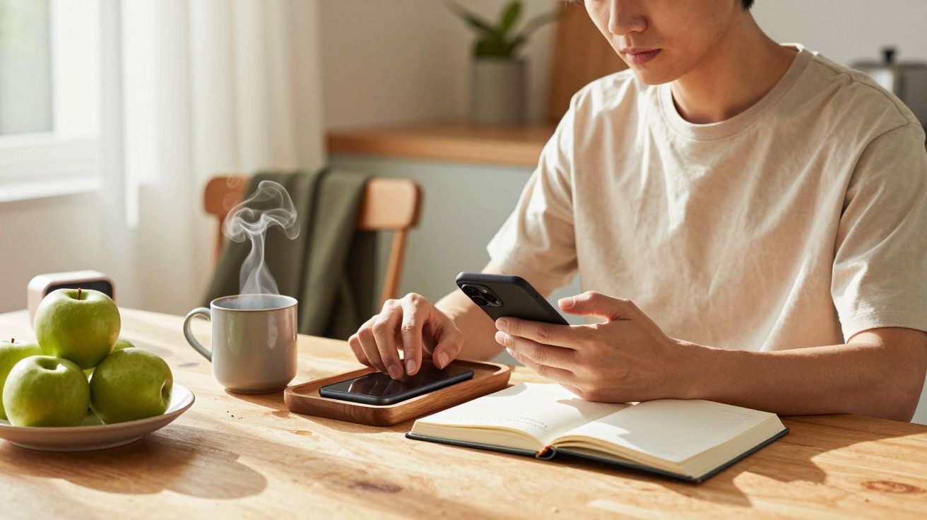 Osoba przy stole używająca smartfona, z notatnikiem, filiżanką kawy i talerzem zielonych jabłek obok.