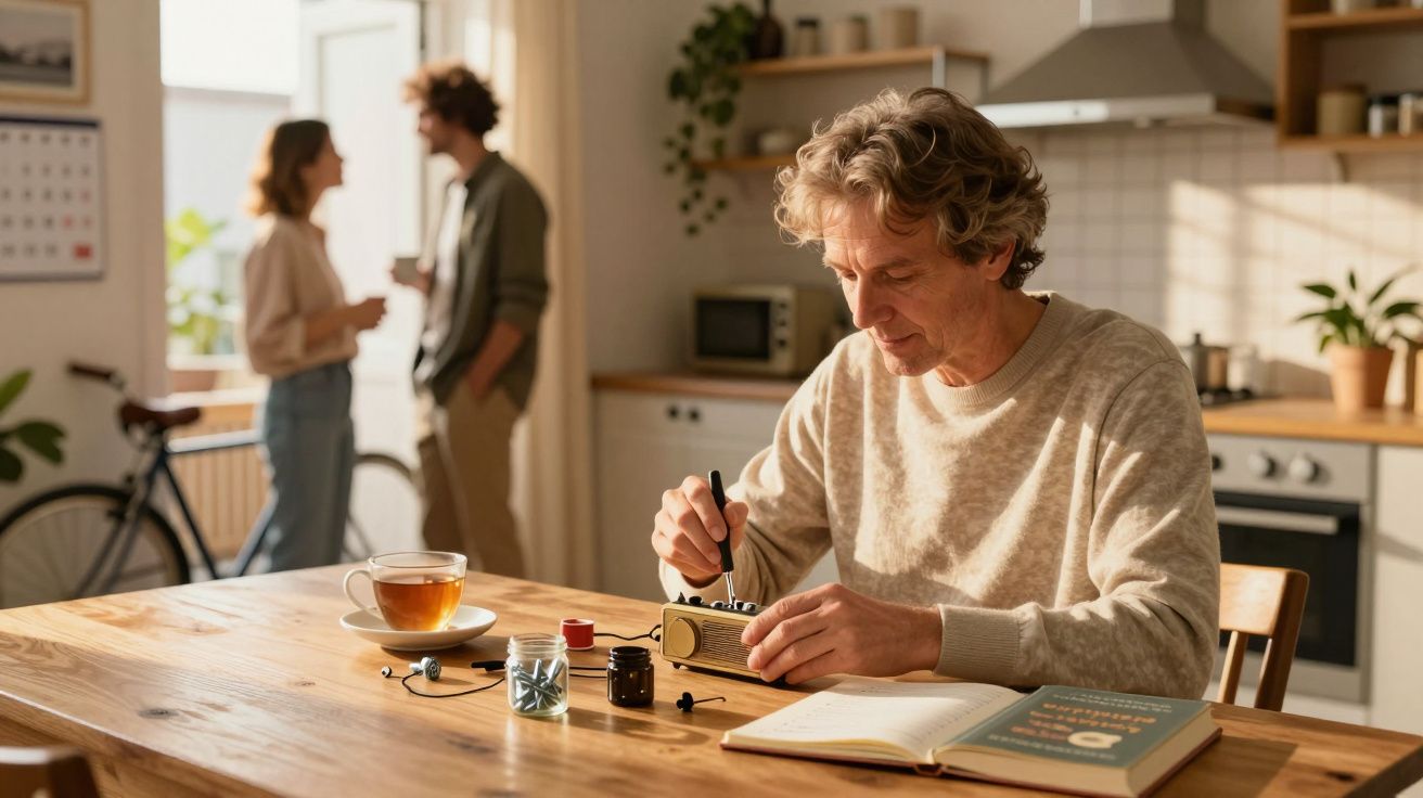 Mężczyzna naprawia radio przy stole w kuchni, w tle para rozmawia, na stole kubek herbaty i książka.
