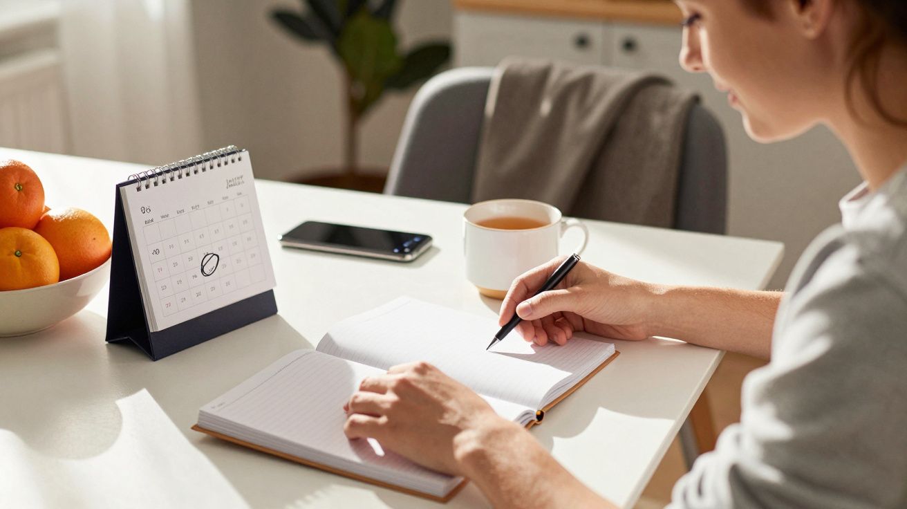 Osoba pisząca w zeszycie przy stole z kalendarzem, smartfonem, filiżanką herbaty i miską pomarańczy.