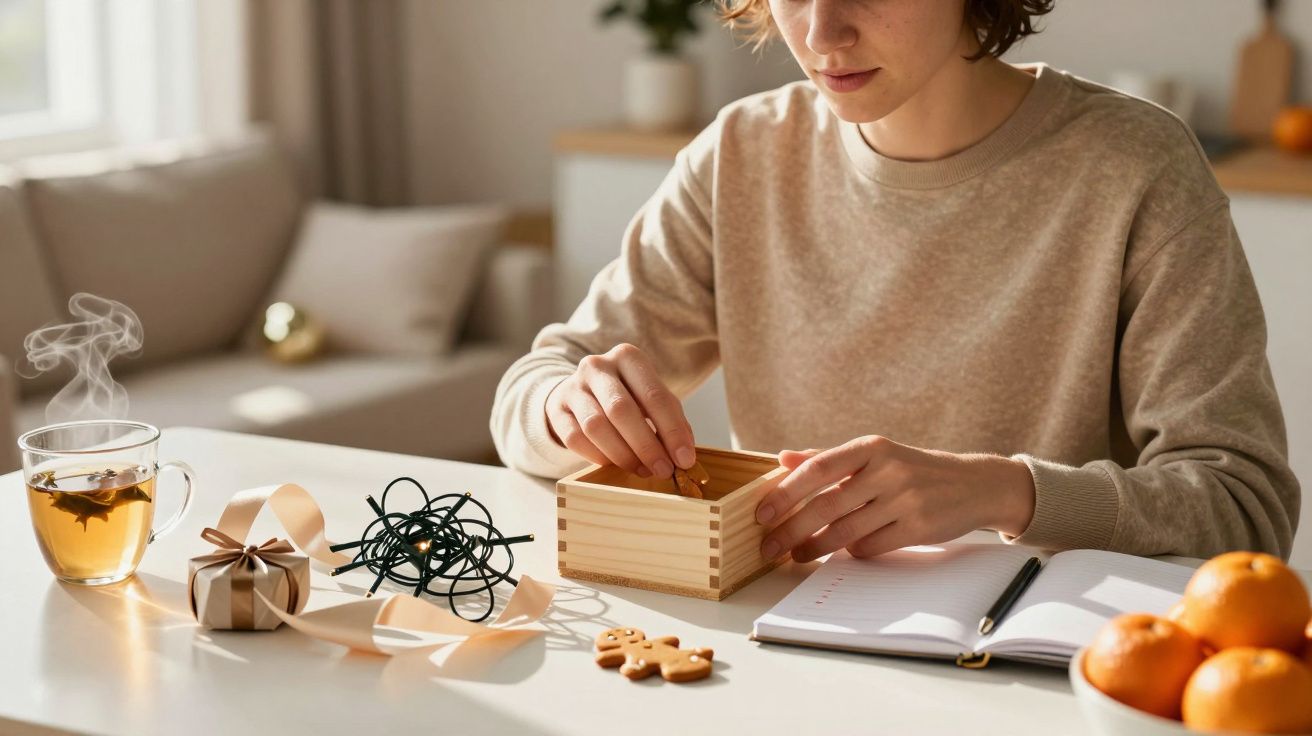 Osoba siedząca przy stole, układająca rzeczy w drewnianym pudełku. Obok herbata, pomarańcze, notes, prezenty.