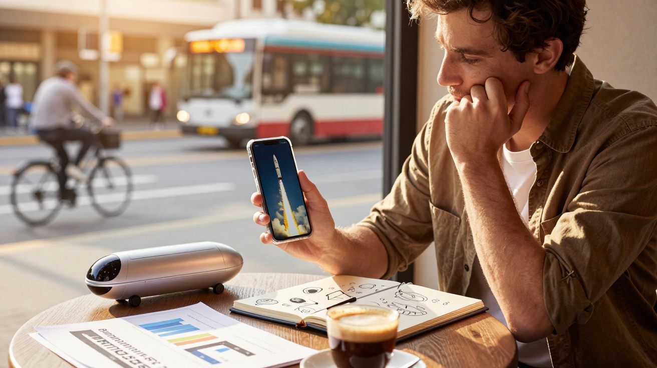 Mężczyzna siedzi przy stole w kawiarni, trzyma telefon z obrazem rakiety, obok leży notes, espresso i urządzenie elektroniczn