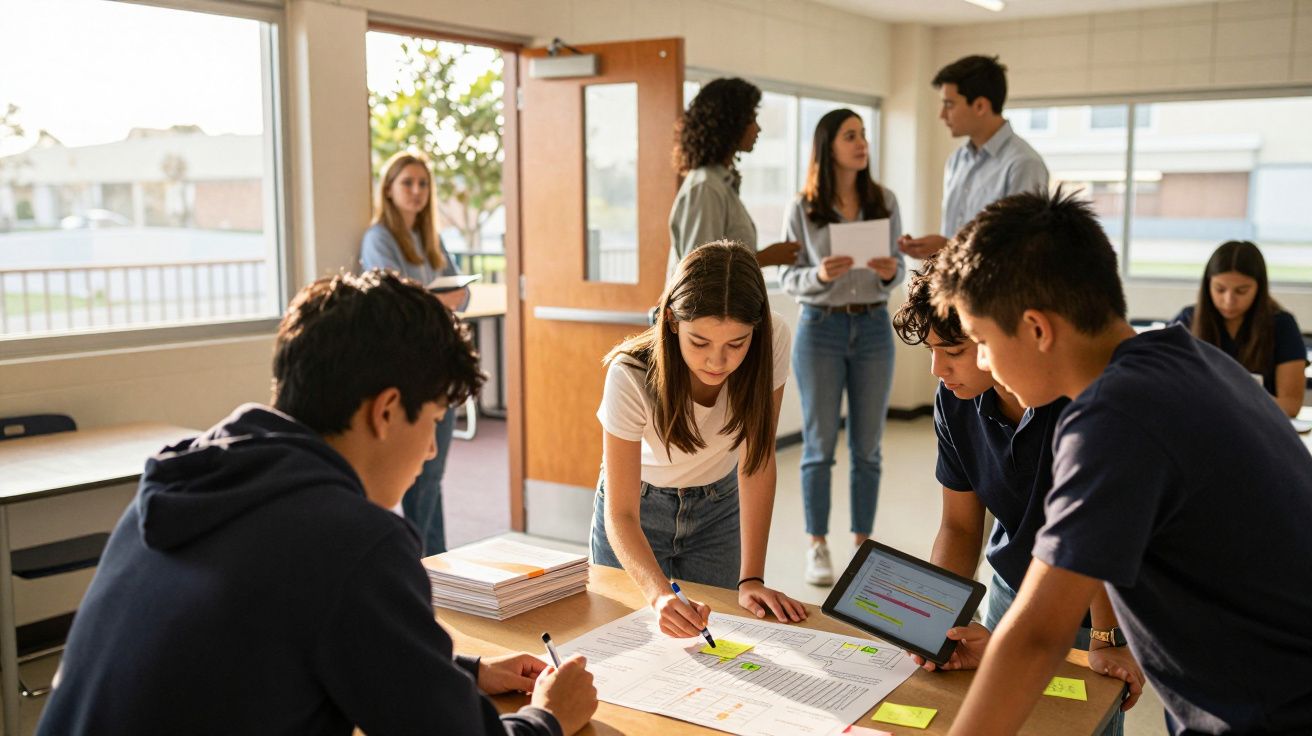 Uczniowie pracujący wspólnie przy stole, omawiający projekt z pomocą laptopa i dokumentów.