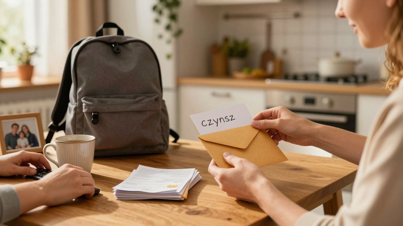 Kobieta przy stole otwiera kopertę z napisem "Czynsz", obok stoją plecak i filiżanka.