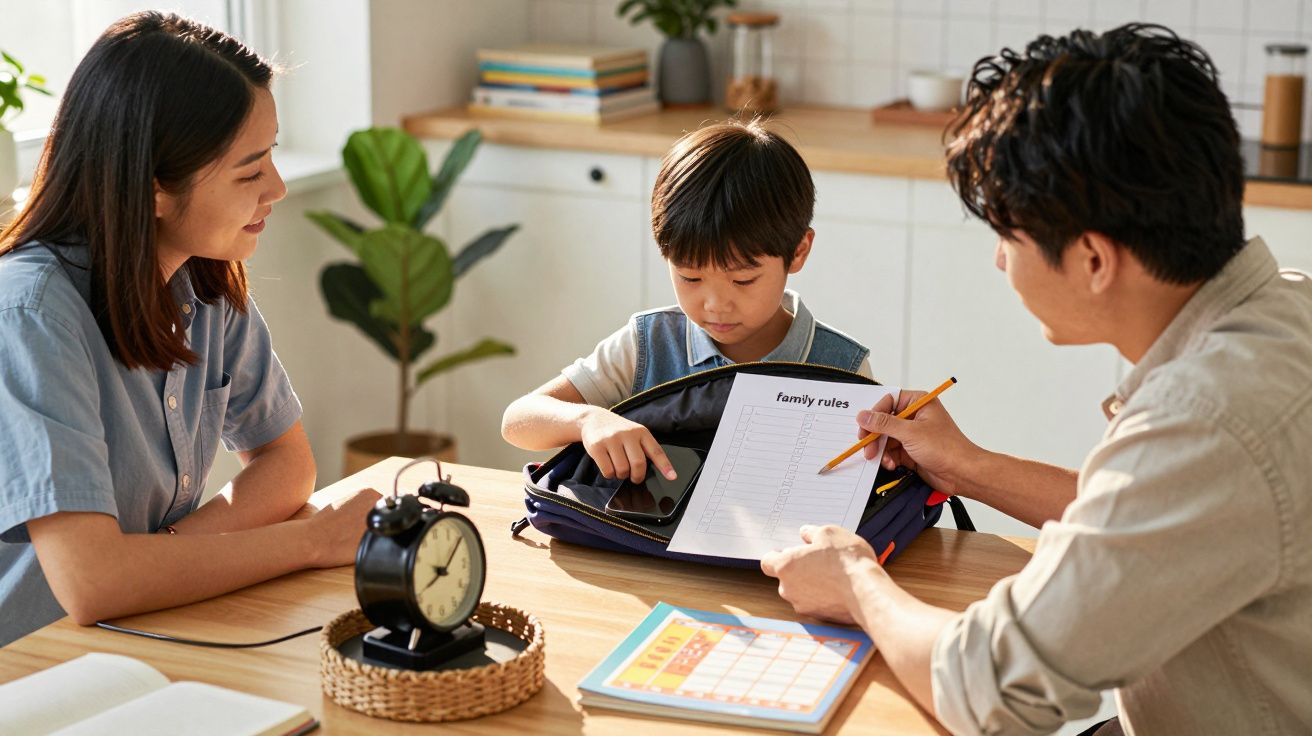 Rodzina w kuchni, dziecko pokazuje kartkę z zasadami rodzinymi, rodzice zwracają uwagę.