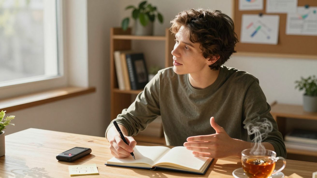 Młody mężczyzna przy stole, pisze w notatniku, z filiżanką herbaty obok, w jasnym pokoju z roślinami i książkami.