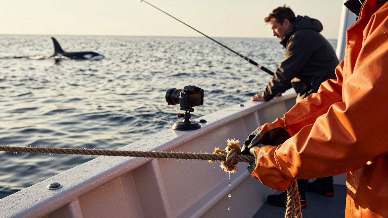 Dwóch mężczyzn na łodzi rybackiej z kamerą. W tle widać orkę pływającą w morzu.
