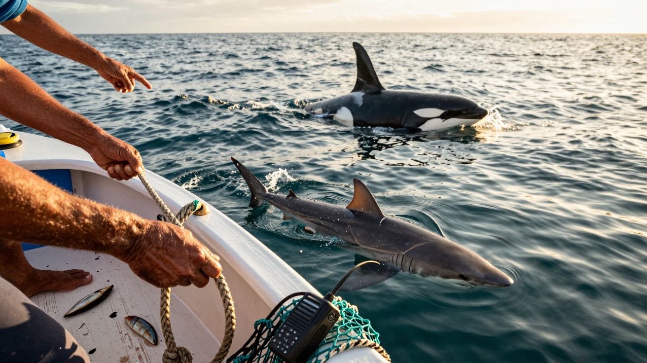 Mężczyzna na łodzi patrzy na orkę i rekina w wodzie o zachodzie słońca.