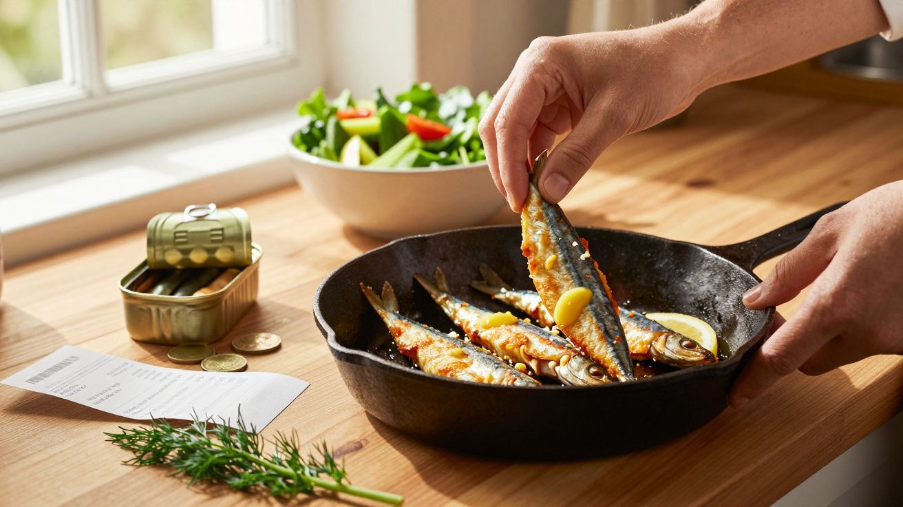 Osoba przygotowująca smażone sardynki w żeliwnej patelni, obok sałatka, puszka i paragon.
