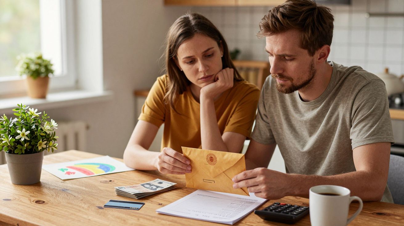 Para siedzi przy stole, przeglądając dokumenty i kopertę, z kalkulatorem i kawą.