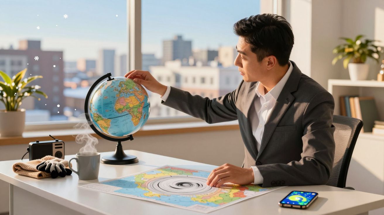Mężczyzna przy biurku z globusem, mapą i telefonem, w tle widok za oknem.