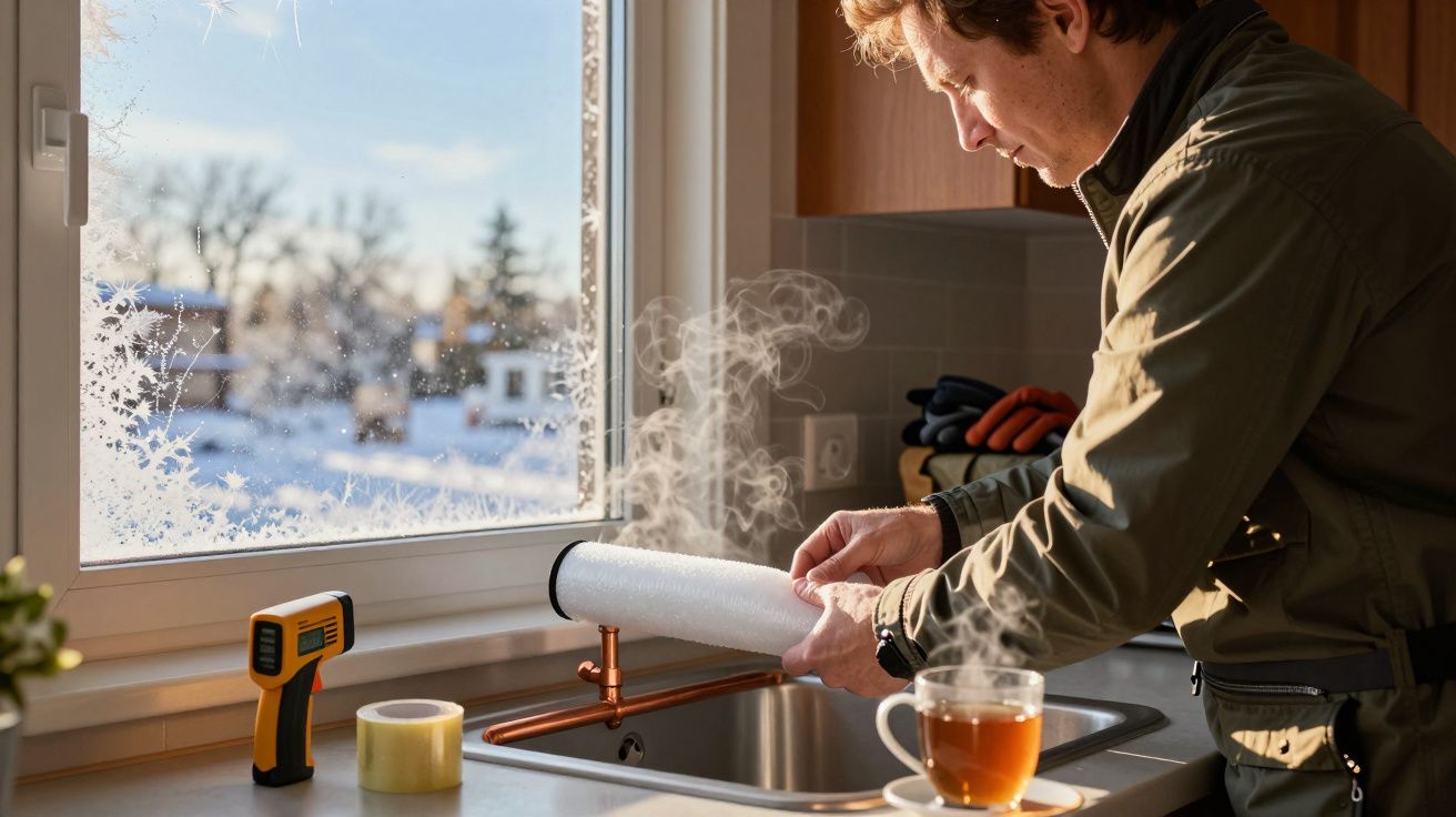 Mężczyzna izoluje rurę w kuchni przy zaśnieżonym oknie, obok leży taśma i kubek herbaty.