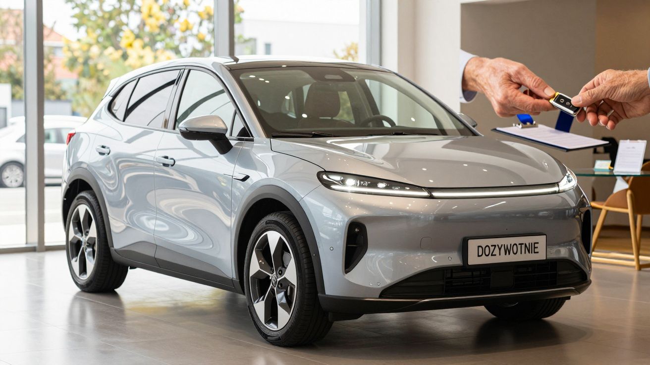 Elegancki, srebrny SUV w salonie, osoba podaje kluczyk do samochodu.