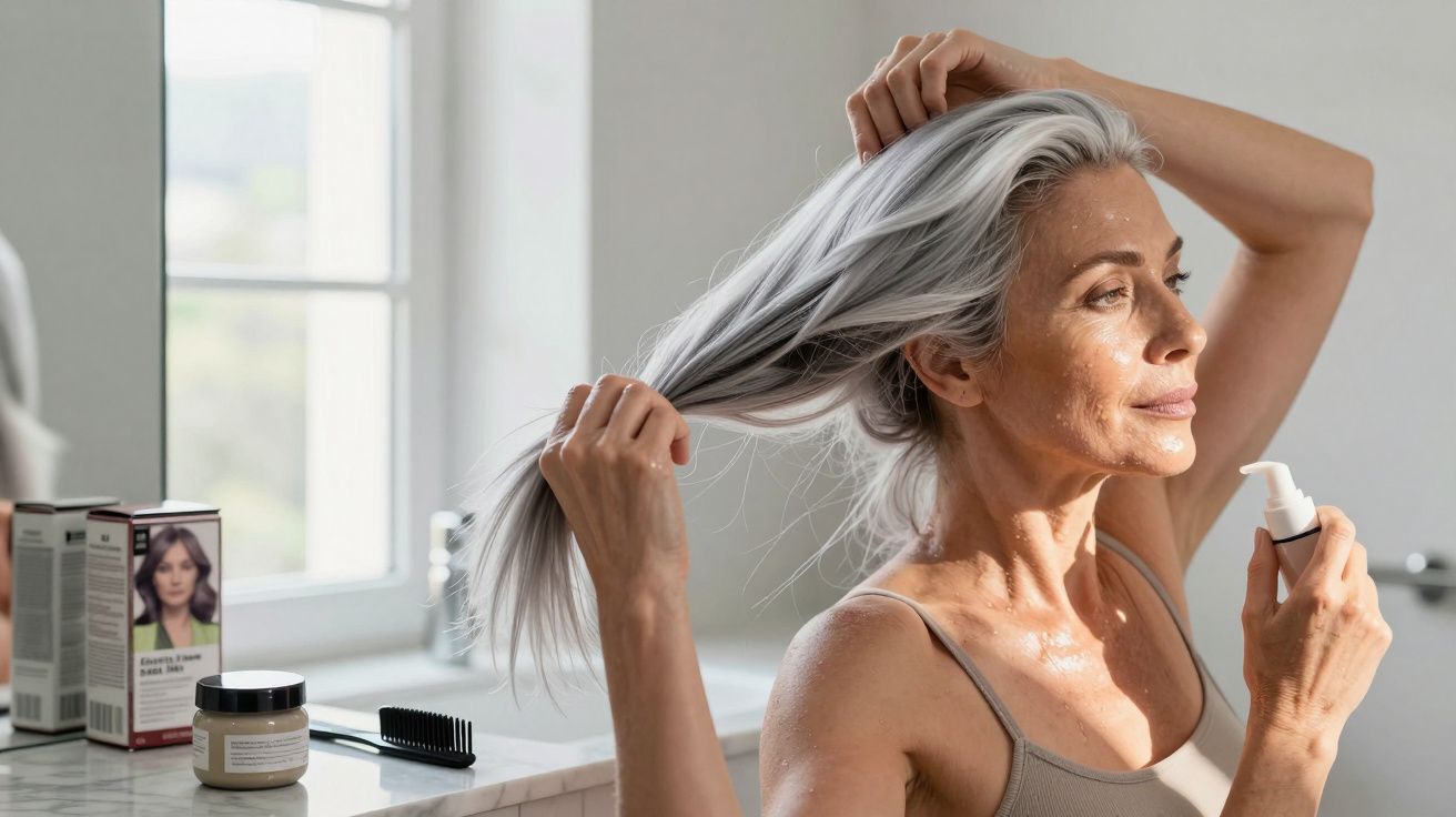 Kobieta z siwymi włosami trzyma spray w ręku, stojąc przy lustrze w łazience.