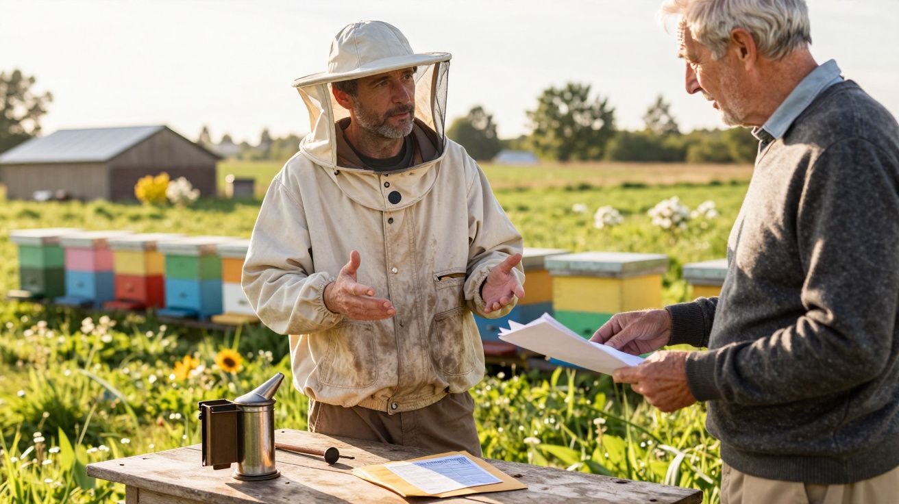 Pszczelarz w kombinezonie rozmawia z mężczyzną na tle pasieki w słoneczny dzień.