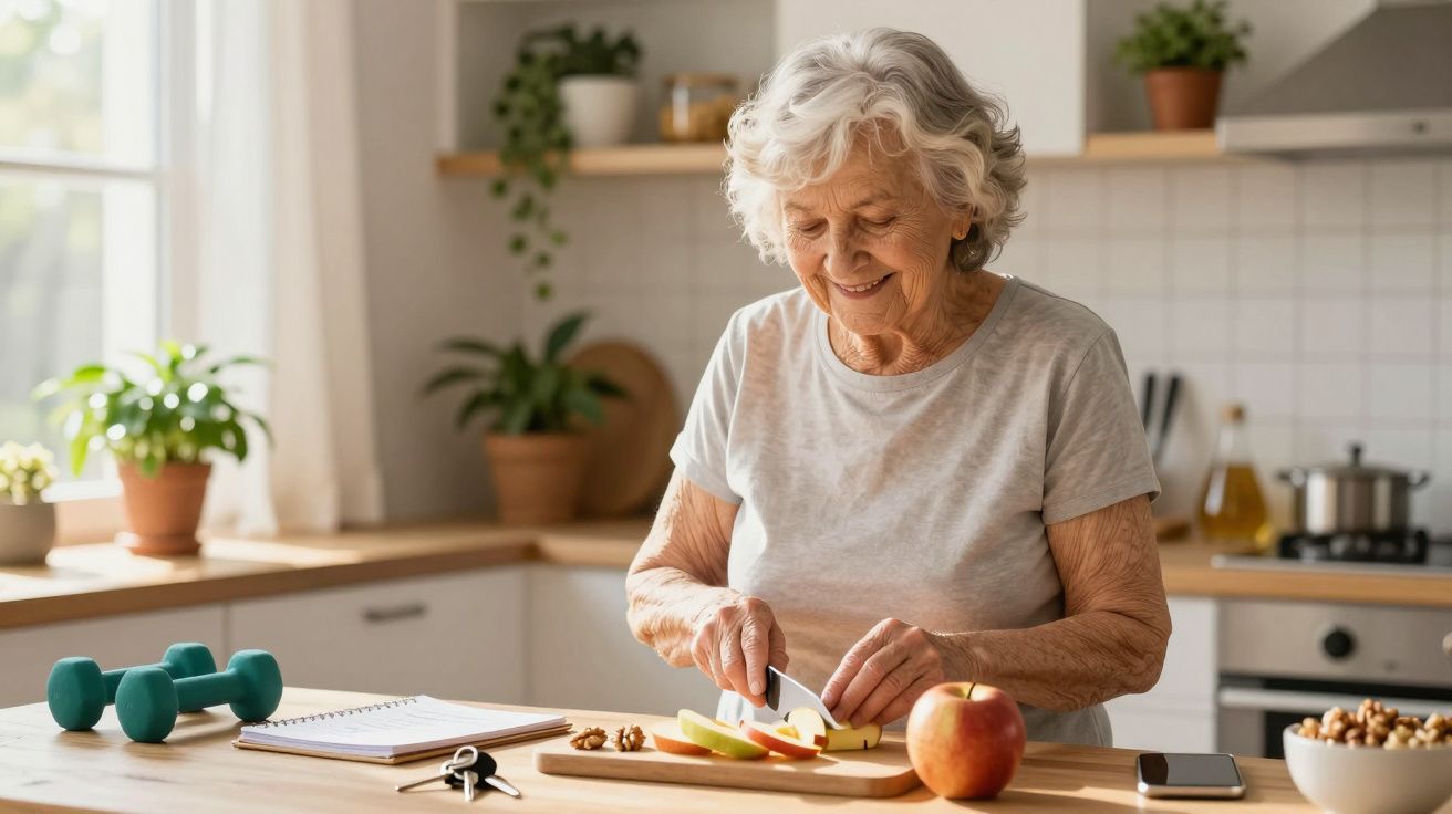 Starsza kobieta kroi jabłko w jasnej kuchni, obok leżą hantle, notatnik i telefon.