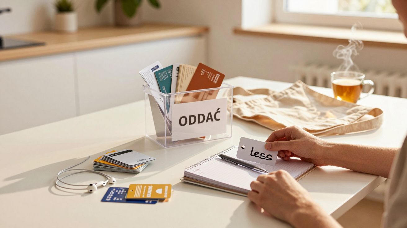 Osoba siedzi przy stole, trzyma kartę z napisem "less" obok pudełka z kartami "ODDAĆ", na stole notes i słuchawki.