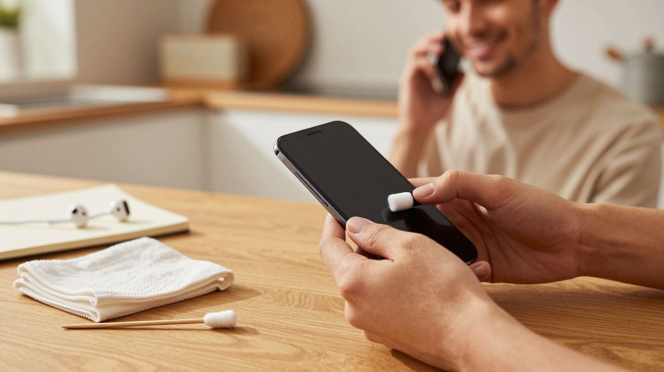 Osoba czyści ekran telefonu wacikiem, w tle mężczyzna rozmawia przez telefon.