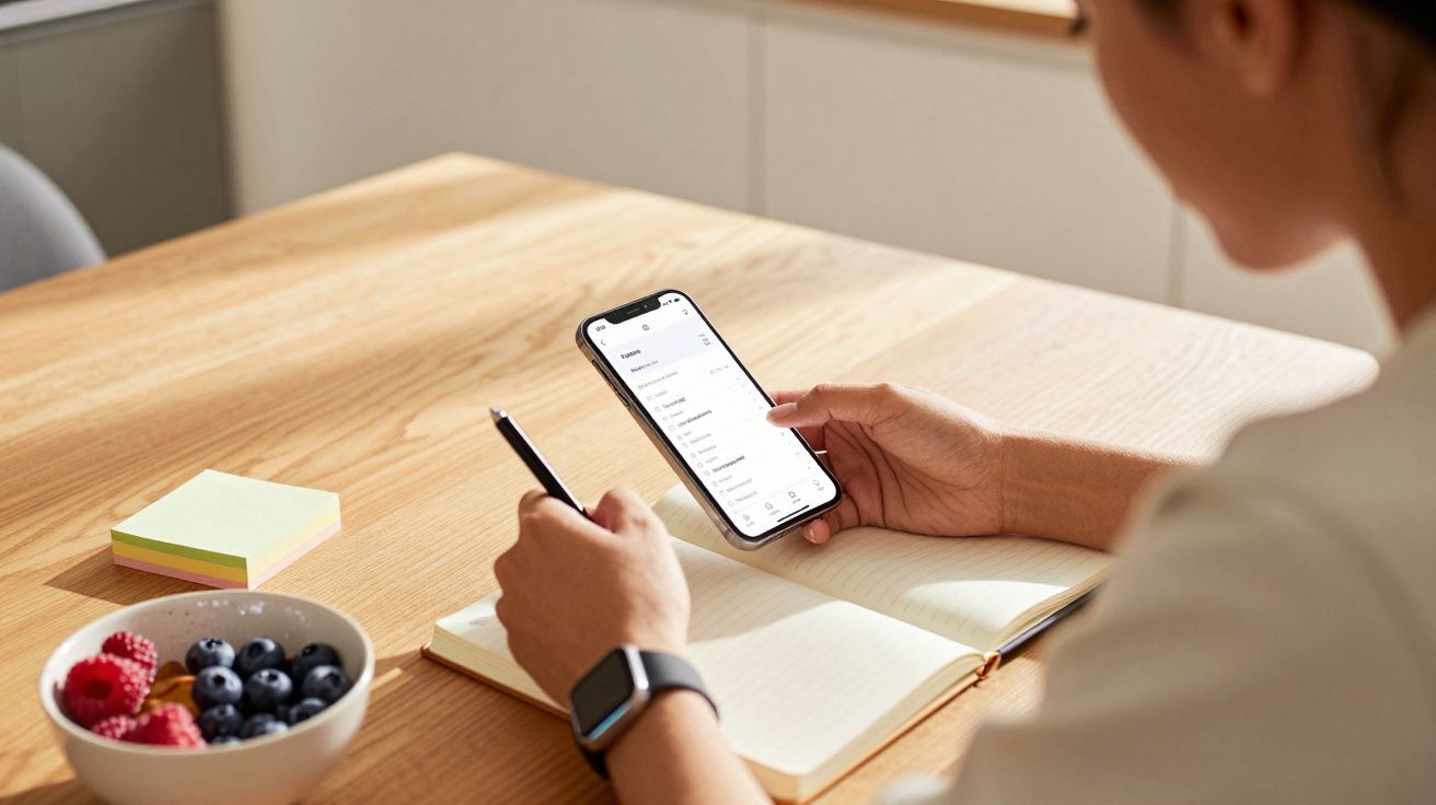 Osoba z telefonem i notesem przy stole. Obok leży talerz z owocami i kolorowe karteczki.