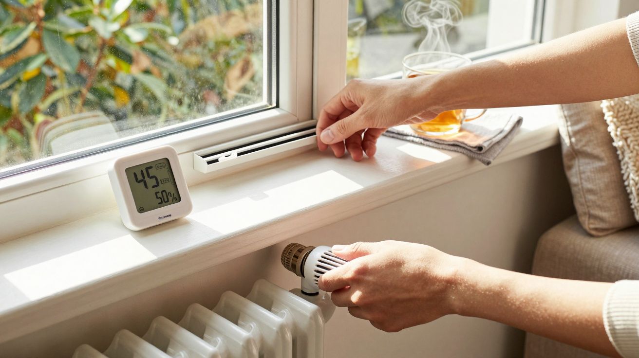 Osoba reguluje kaloryfer obok okna z termometrem pokazującym 45% wilgotności i 25°C.