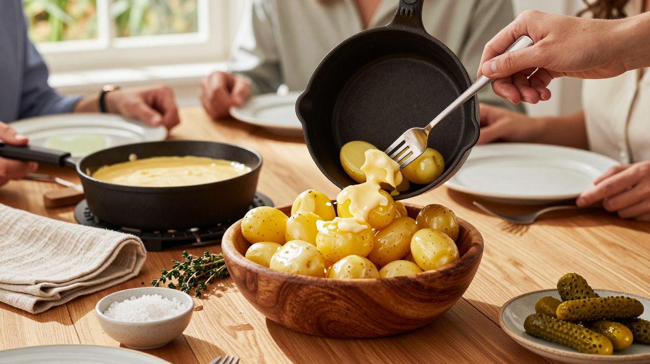 Osoba polewa gotowane ziemniaki żółtym sosem, obok miski z ogórkami, przy stole.