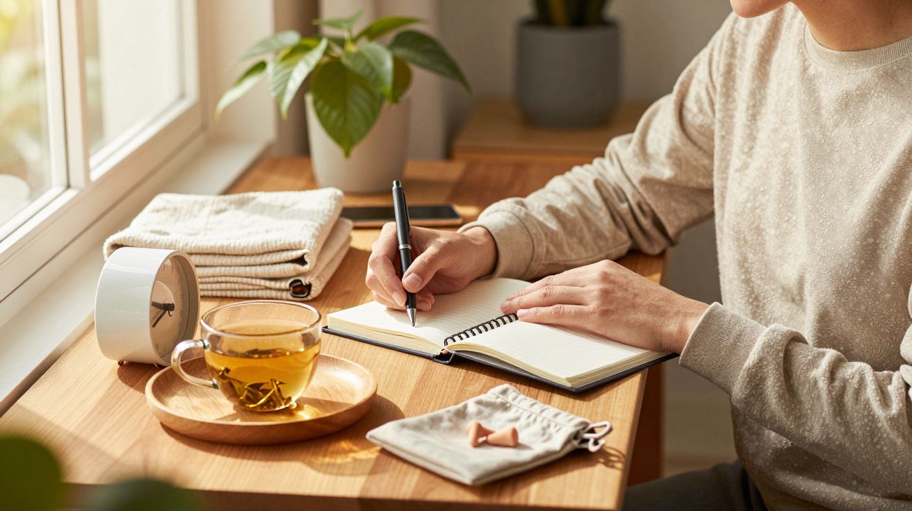 Osoba pisząca w notesie przy biurku z filiżanką herbaty i rośliną doniczkową, obok okna.