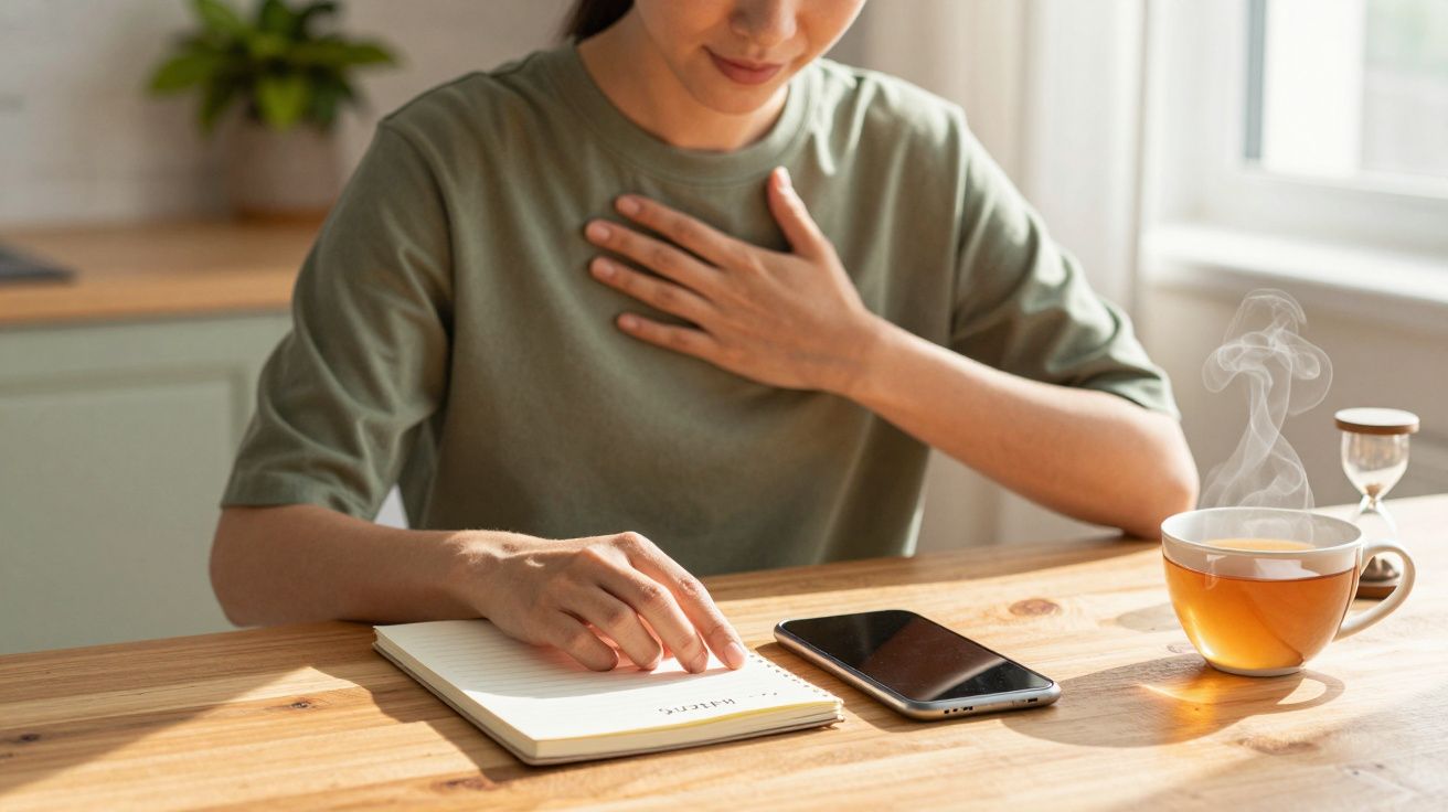Osoba w zielonej koszulce pisze w notatniku przy stole, z filiżanką herbaty, klepsydrą i smartfonem obok.