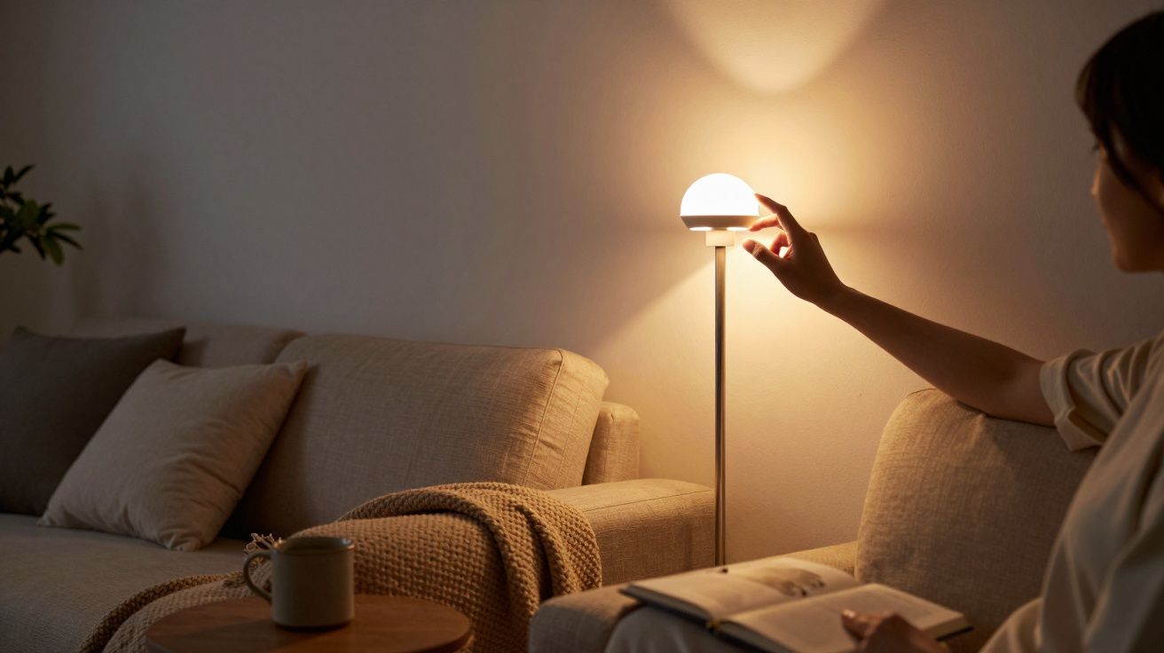 Osoba przy kanapie włącza lampkę stojącą, trzymając książkę w drugiej ręce.