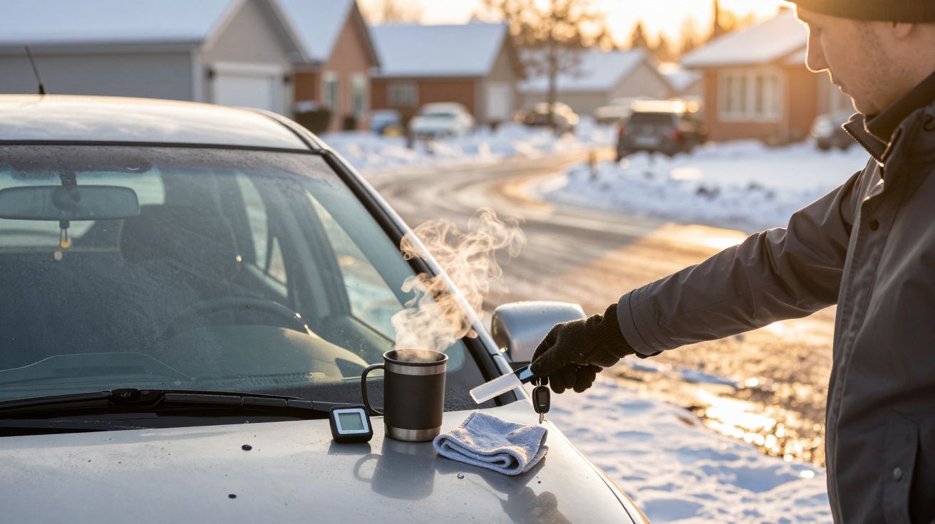Mężczyzna w zimowym ubraniu przygotowuje się do odśnieżania samochodu; na masce kubek z parą, ręcznik i skrobaczka.