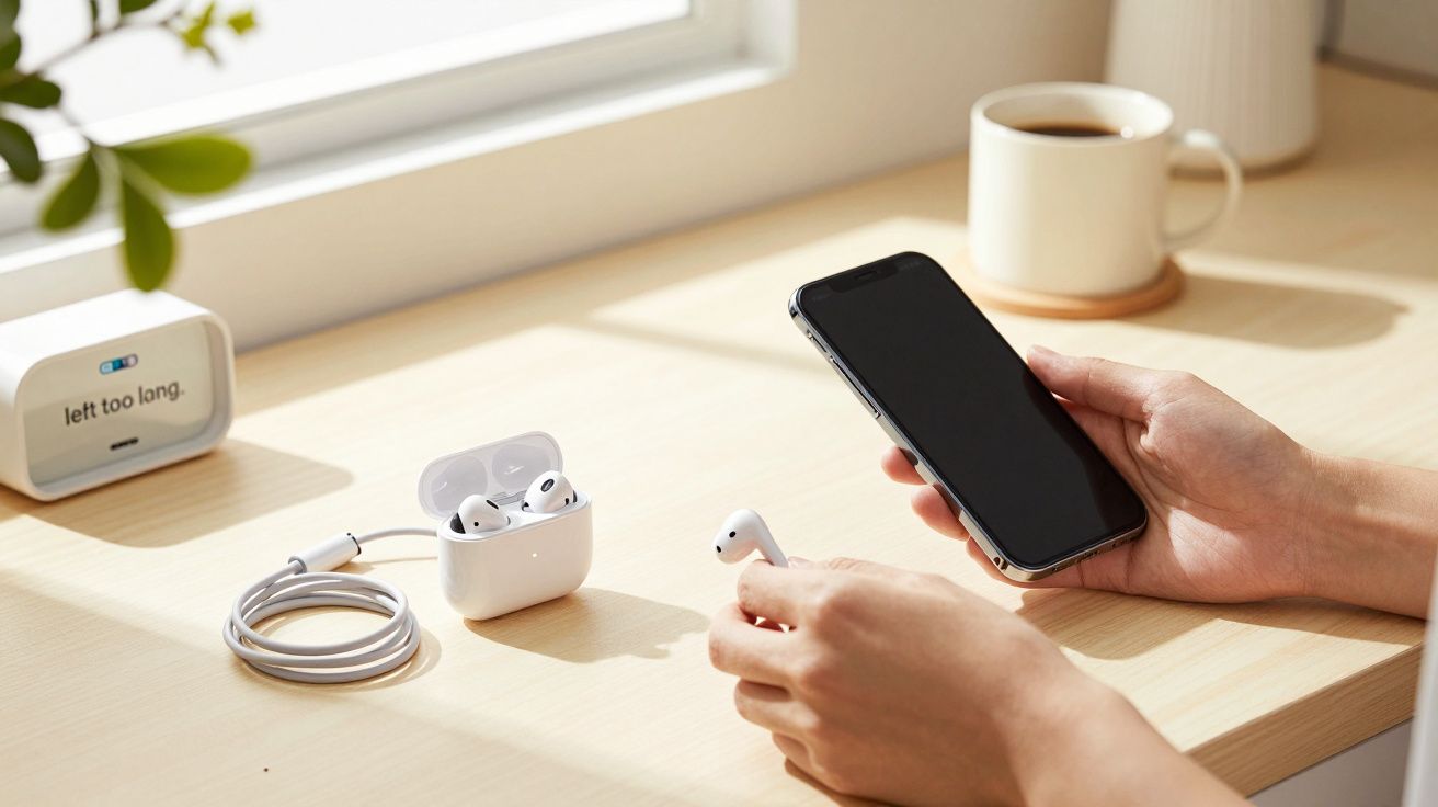 Osoba trzyma smartfon i słuchawki bezprzewodowe na biurku przy oknie, obok filiżanka kawy.