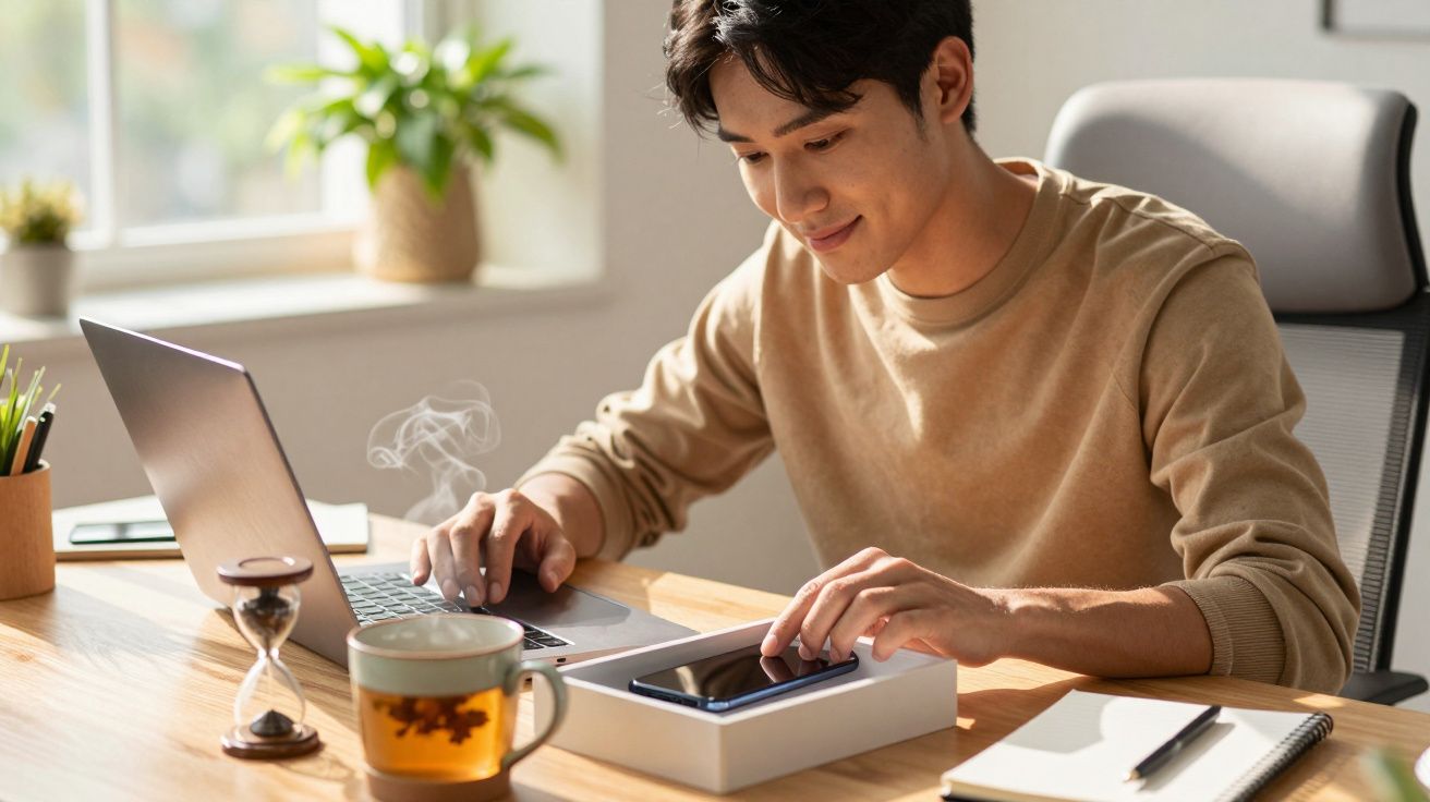 Mężczyzna przy biurku z laptopem, otwierający nowe pudełko ze smartfonem, obok filiżanka z herbatą i notatnik.