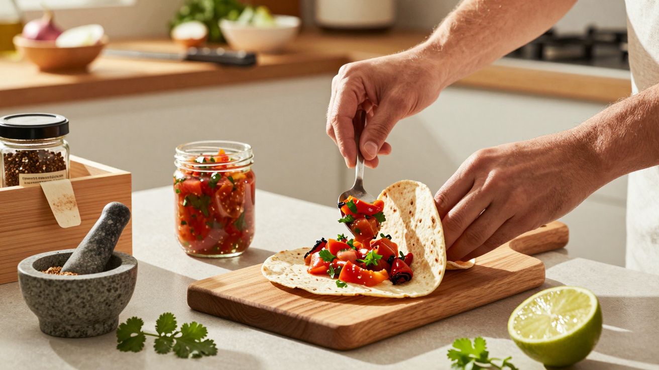 Osoba nakłada sałatkę z pomidorami i ziołami na tortillę w kuchni, obok stoi słoik z sałatką i pół limonki.