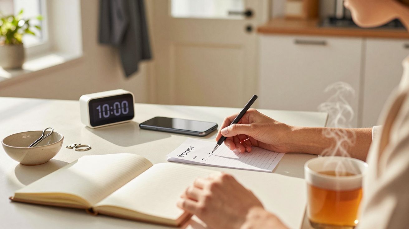 Osoba pisząca w notatniku przy stole z kubkiem herbaty, telefonem i zegarem pokazującym 10:00.