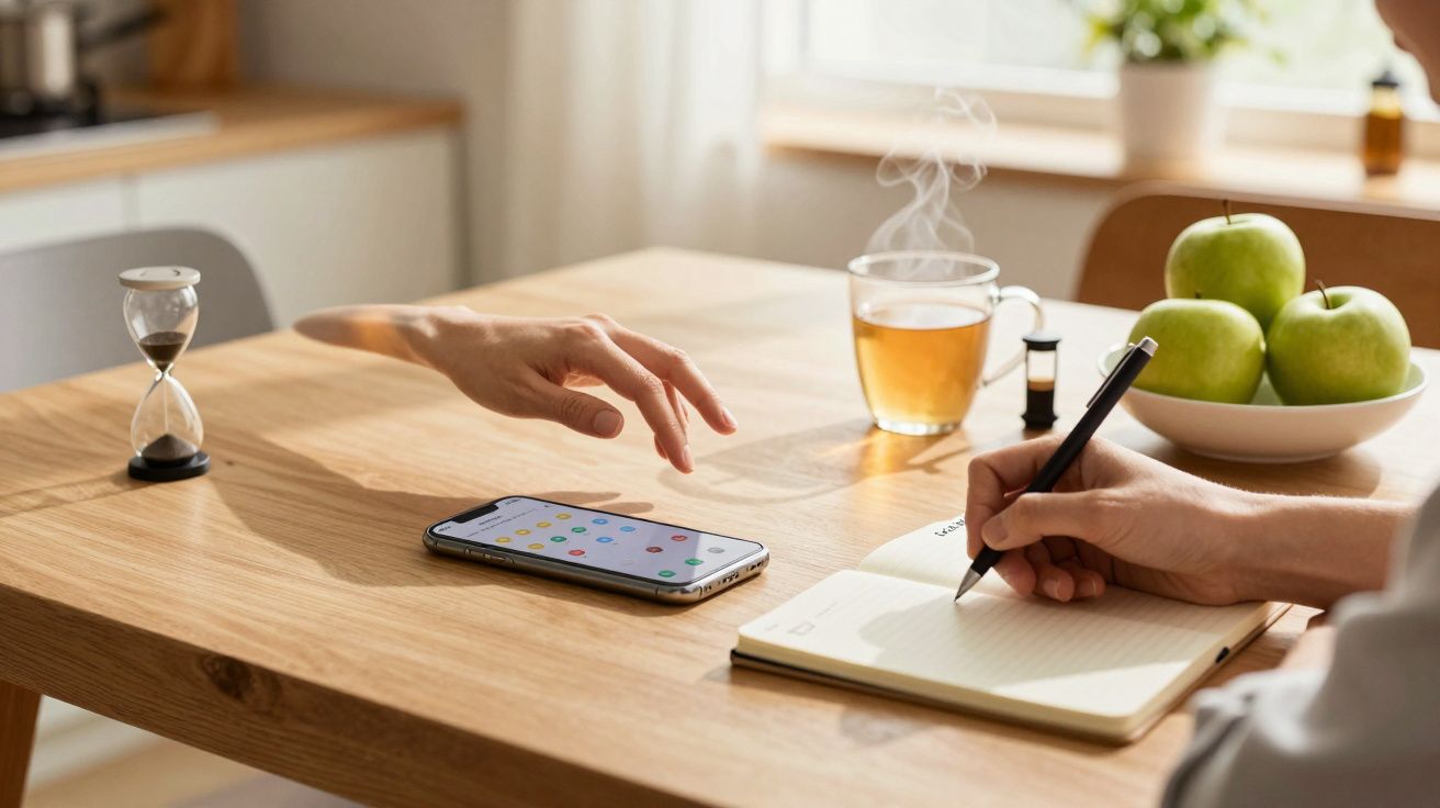 Ręka sięgająca po smartfon na stole, obok notes, herbata, klepsydra i miska z jabłkami.