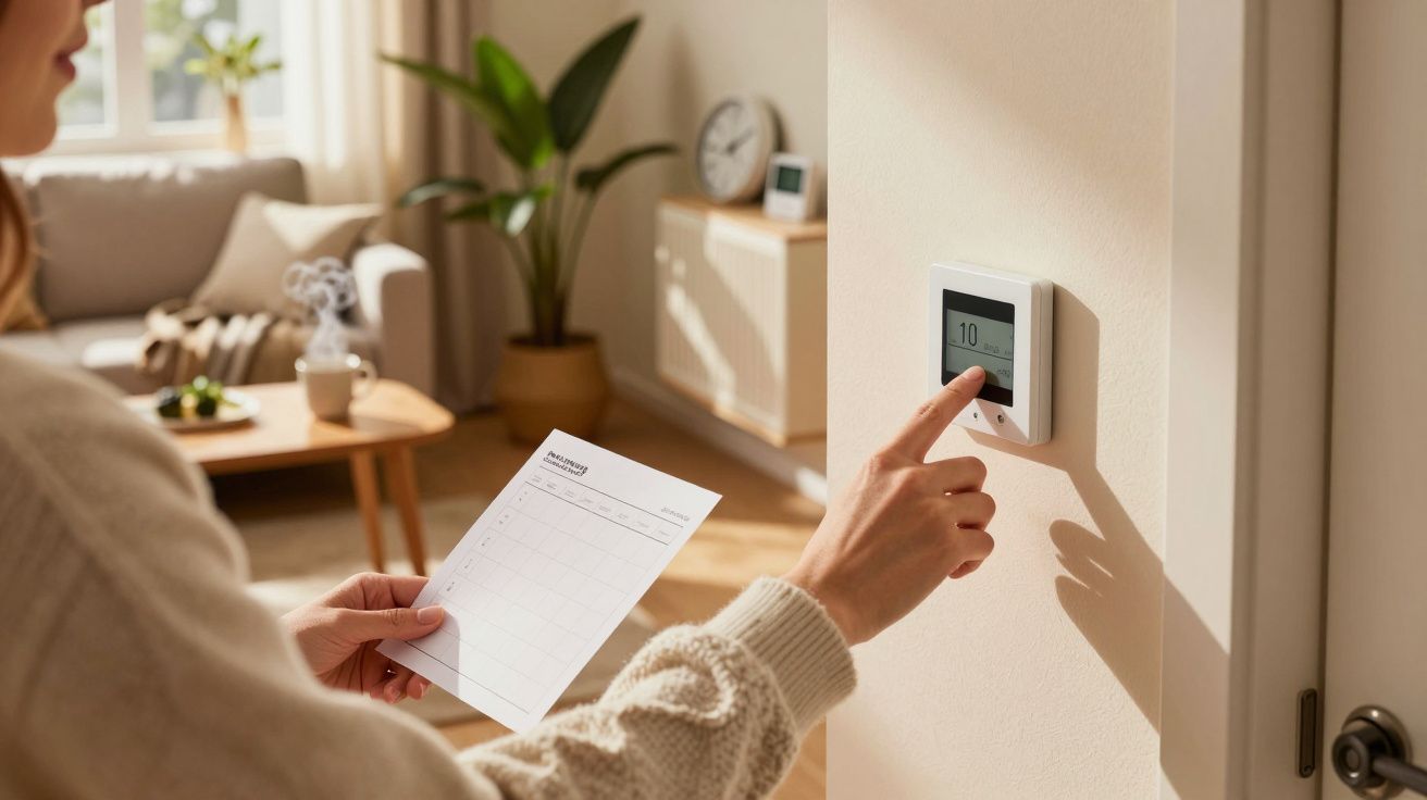 Osoba ustawia termostat na ścianie, trzymając w ręku kartkę w jasnym, przytulnym salonie.
