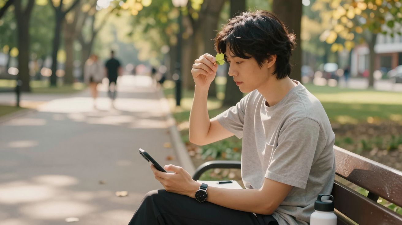 Mężczyzna siedzi na ławce w parku z telefonem w ręku i liściem na czole, w tle drzewa i spacerujący ludzie.